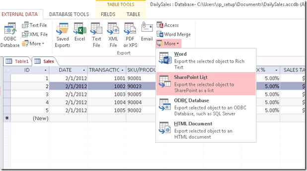 AccessExportToSharePointList