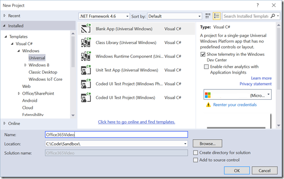 O365VideoVisualStudioNewUniveralProject O365VideoVisualStudioNewUniveralProject