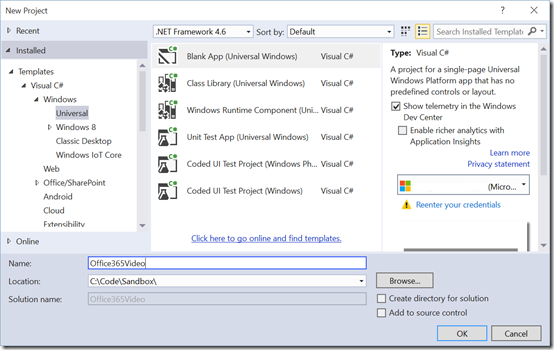 O365VideoVisualStudioNewUniveralProject