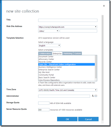 SPONewSiteCollectionTeamSiteSPOConfiguration